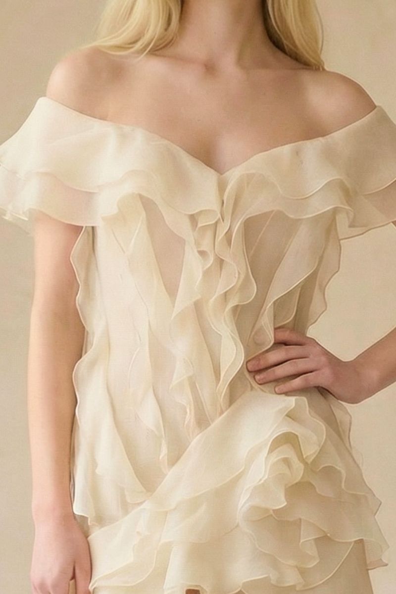 Champagne Chiffon Flounce Off-Shoulder Mini Dress S