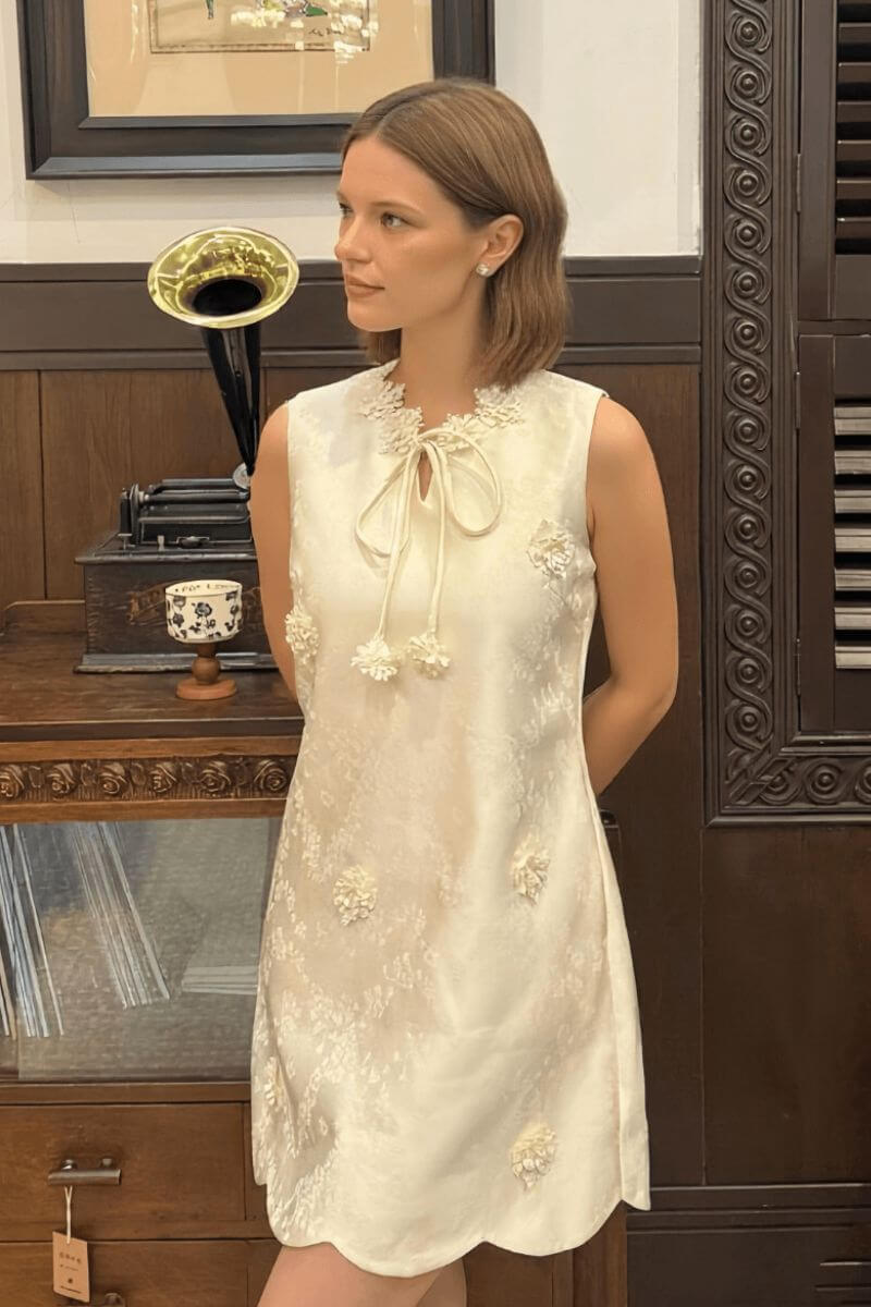 Embroidered Floral Appliqu Jacquard Mini Dress S
