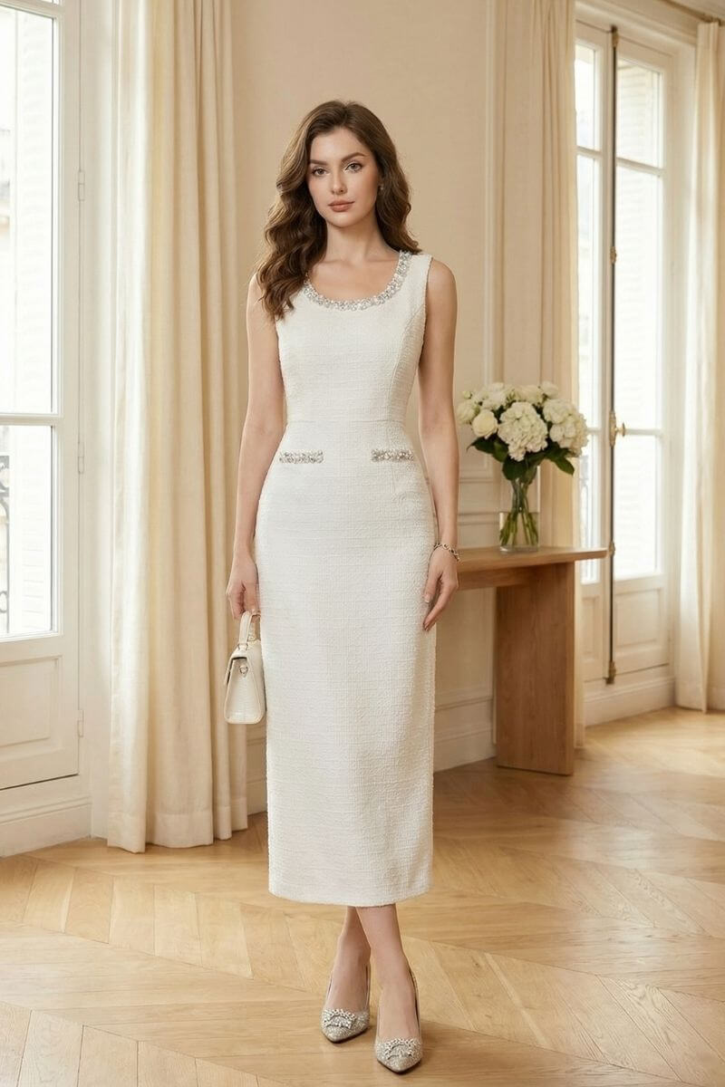 Woman standing in a bright room wearing an ivory tweed sleeveless midi dress with pearl-trimmed neckline and pockets, styled with a white handbag and heels.