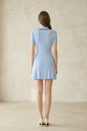 Back view of a light blue ribbed knit mini dress with short sleeves and a flared hem.