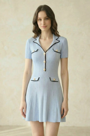A woman in a light blue pleated knit mini dress with vintage-inspired pockets, black contrast trim, and pearl button detailing, shown in a mid close-up view.