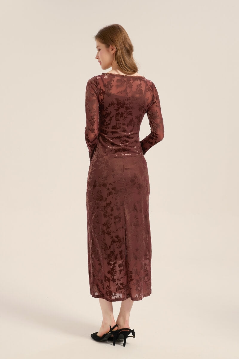 Back view of mocha burnout velvet midi dress showing long sleeves and allover floral velvet pattern on semi-sheer fabric.