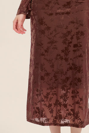 Close-up of mocha burnout velvet fabric showing soft floral pattern with velvety raised texture and sheer base.