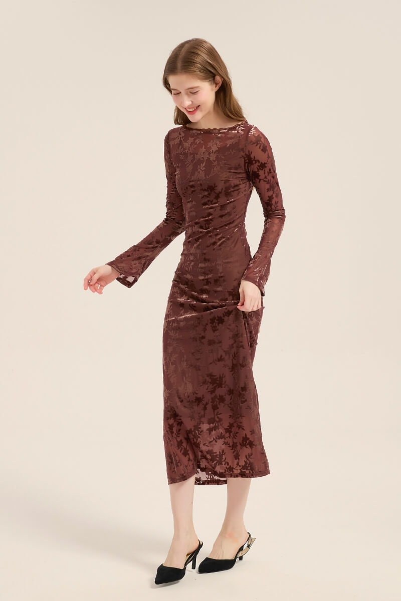 Side view of a mocha velvet midi dress with semi-sheer floral pattern and softly flared cuffs, exuding understated sophistication.