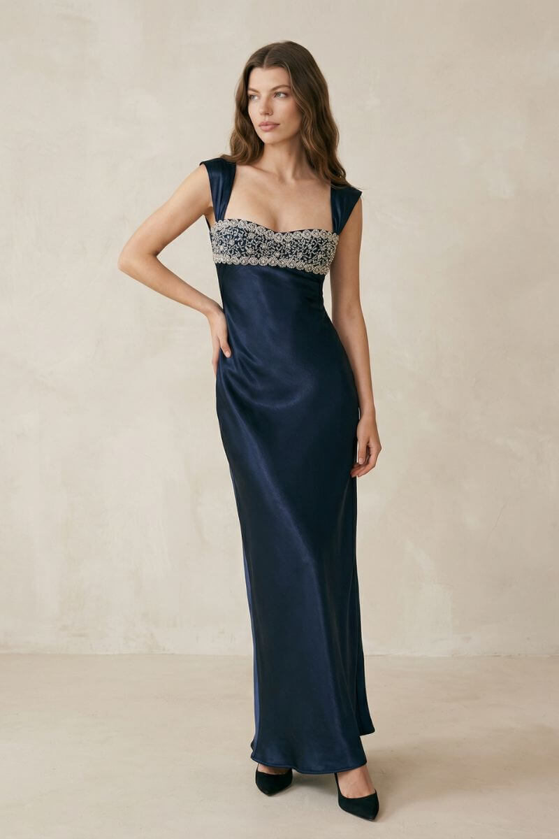 Blush Satin Beaded Empire Maxi Dress L / CHAMPAGNE