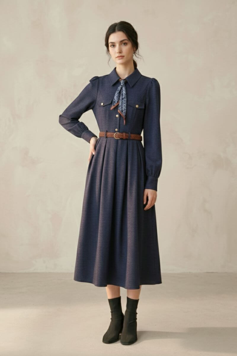 A woman wearing a navy long-sleeve midi dress with a collared neckline, buttoned chest pockets, a printed neck scarf, and a brown braided belt.