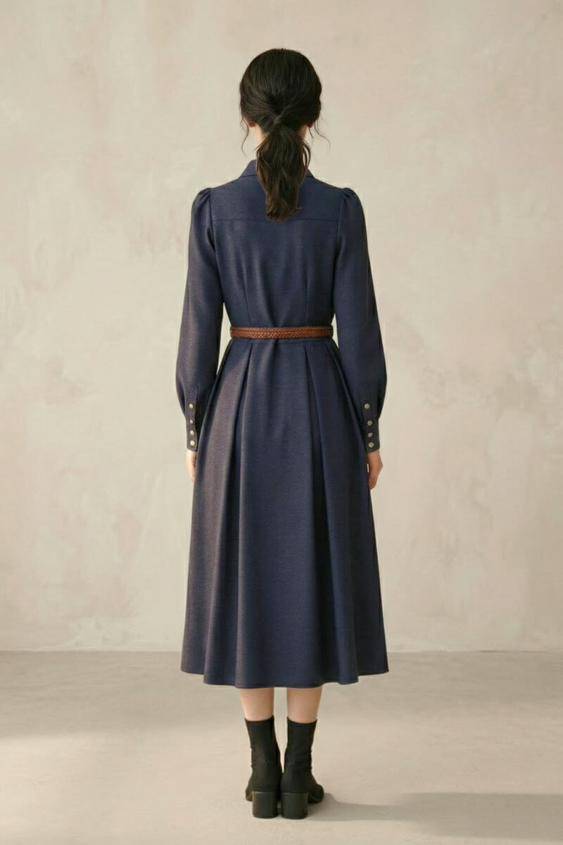 Indigo Cotton Twill Midi Shirt Dress L