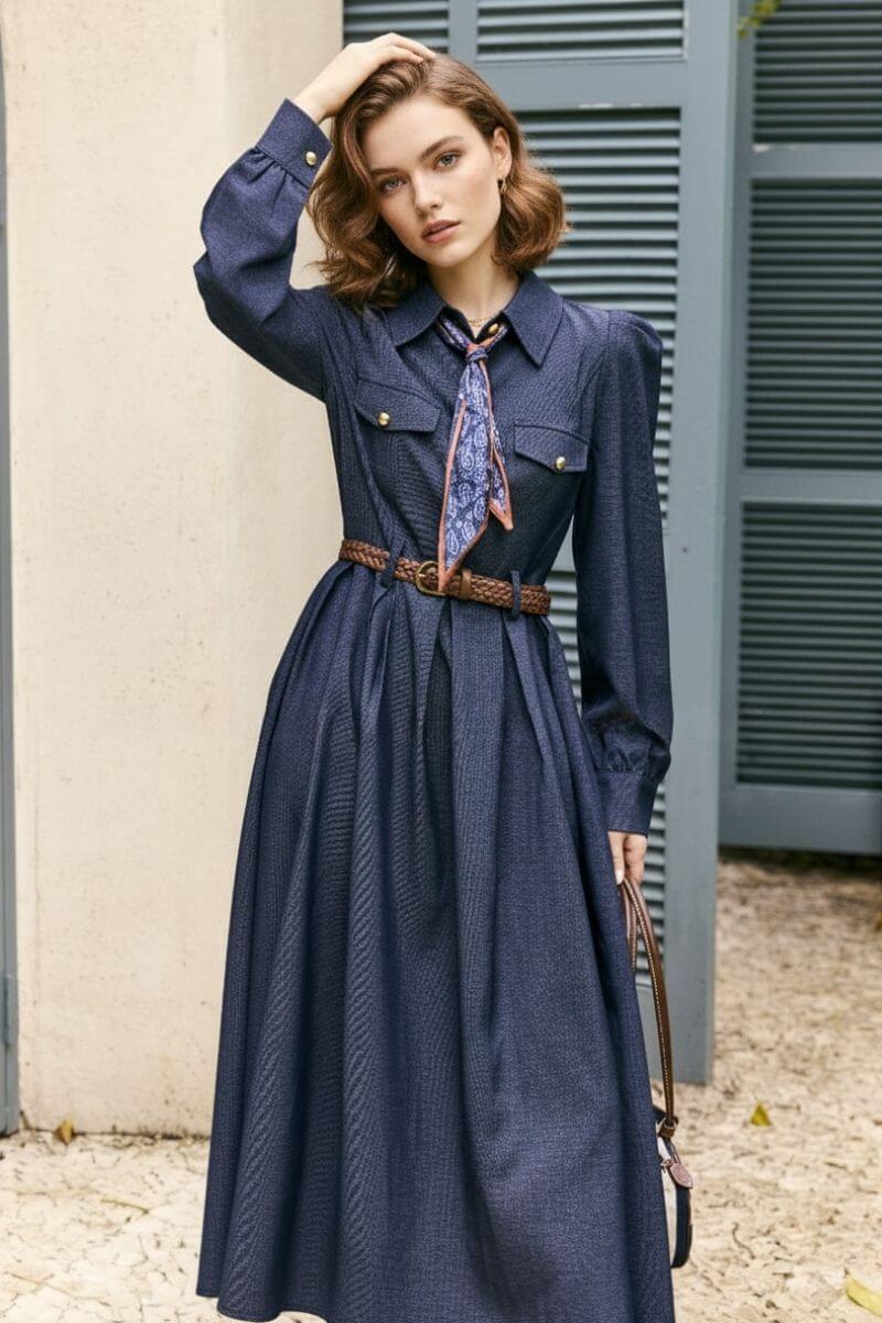 Model posing outdoors in a navy twill midi dress featuring long sleeves, gold button pockets, a brown braided belt, and a blue paisley scarf, carrying a structured handbag.