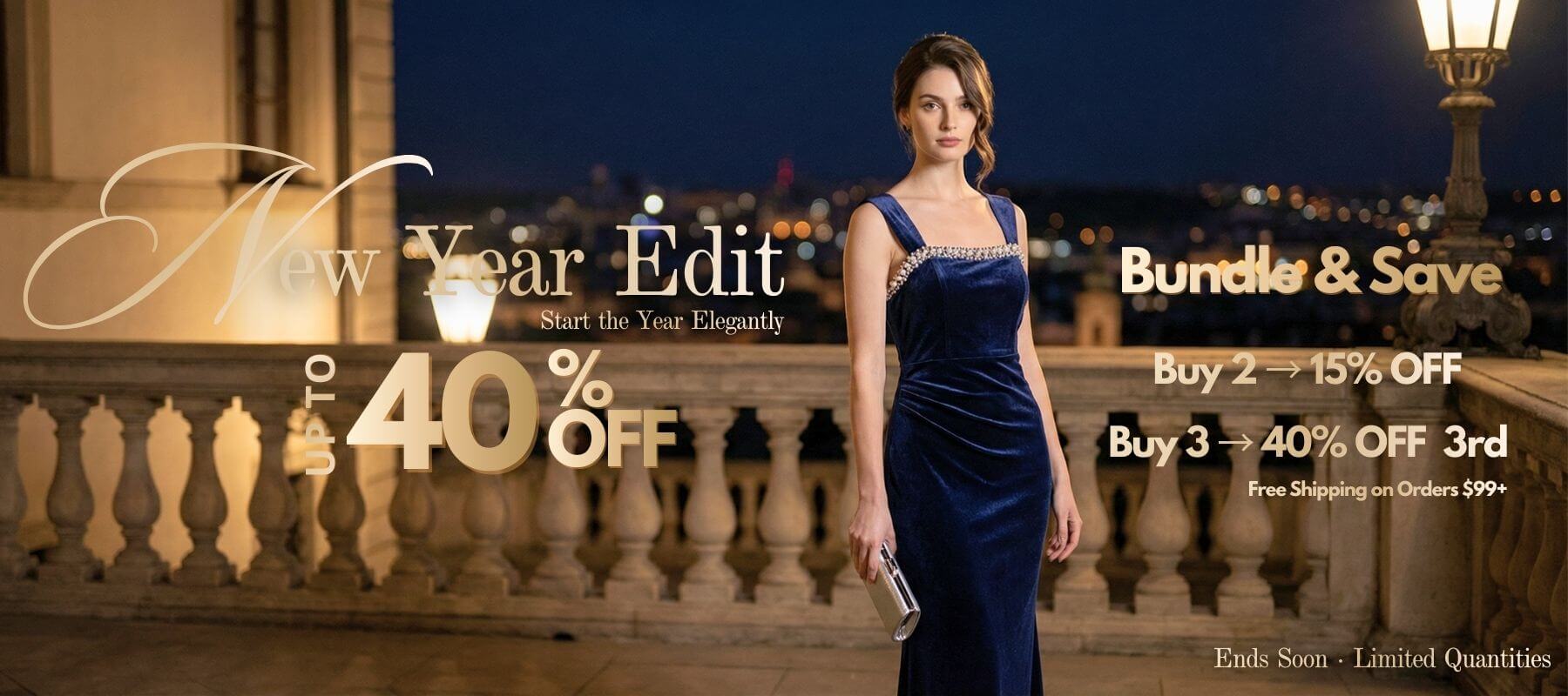 A model poses on a classic stone balcony at night in a navy velvet gown with embellished neckline, showcasing Sioéne’s New Year Edit promotion featuring bundle savings, buy-more discounts, and free shipping on orders over $99.
