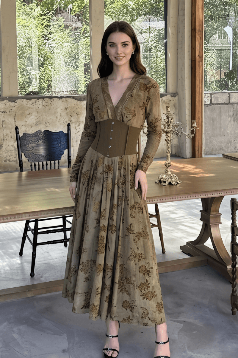 A woman in an olive-toned vintage floral maxi dress with a structured corset belt, standing indoors beside a rustic wooden table and candelabra.