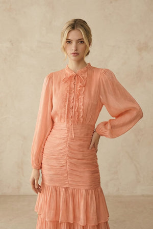 Close-up of the upper bodice of a peach sheer dress showing delicate vertical texture, ruffled placket, and long translucent sleeves.