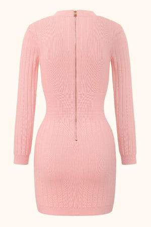 Back view of a pink ribbed knit long-sleeve mini dress featuring a gold zipper closure and fitted bodycon waist design.