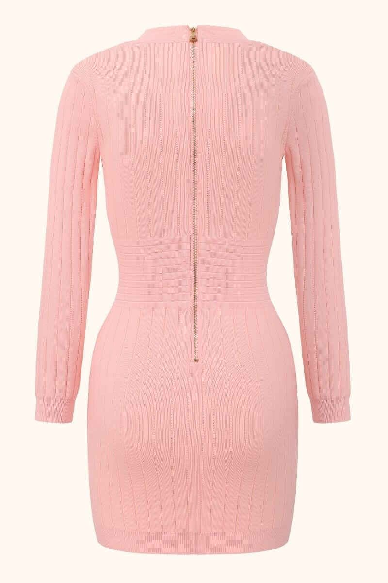 Back view of a pink ribbed knit long-sleeve mini dress featuring a gold zipper closure and fitted bodycon waist design.