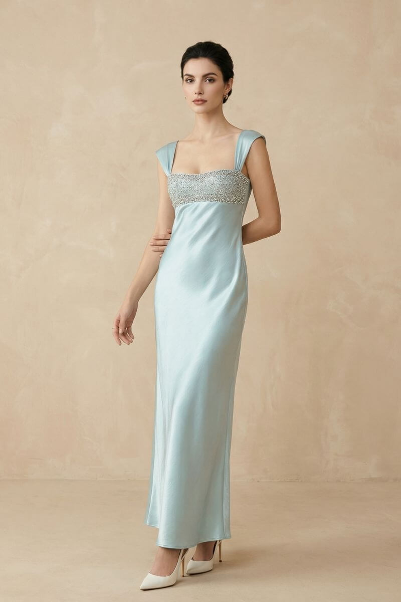 beaded satin maxi dress Blush Satin Beaded Empire Maxi Dress L / CHAMPAGNE