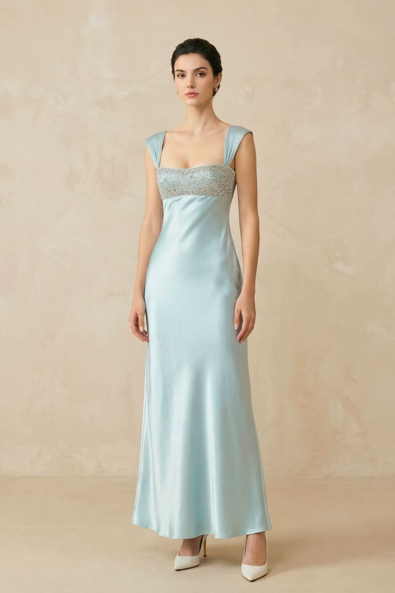 Ice Blue Satin Embellished Maxi Dress XS / NAVY