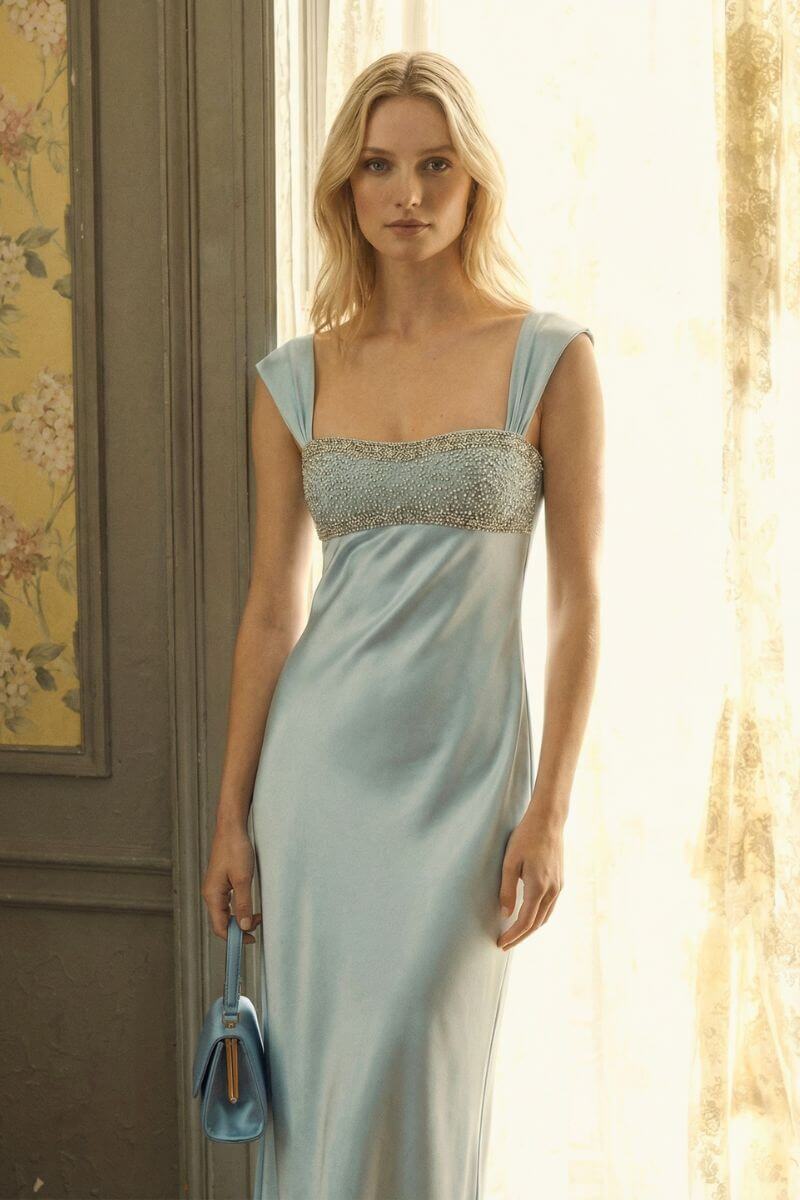 Blush Satin Beaded Empire Maxi Dress L / CHAMPAGNE