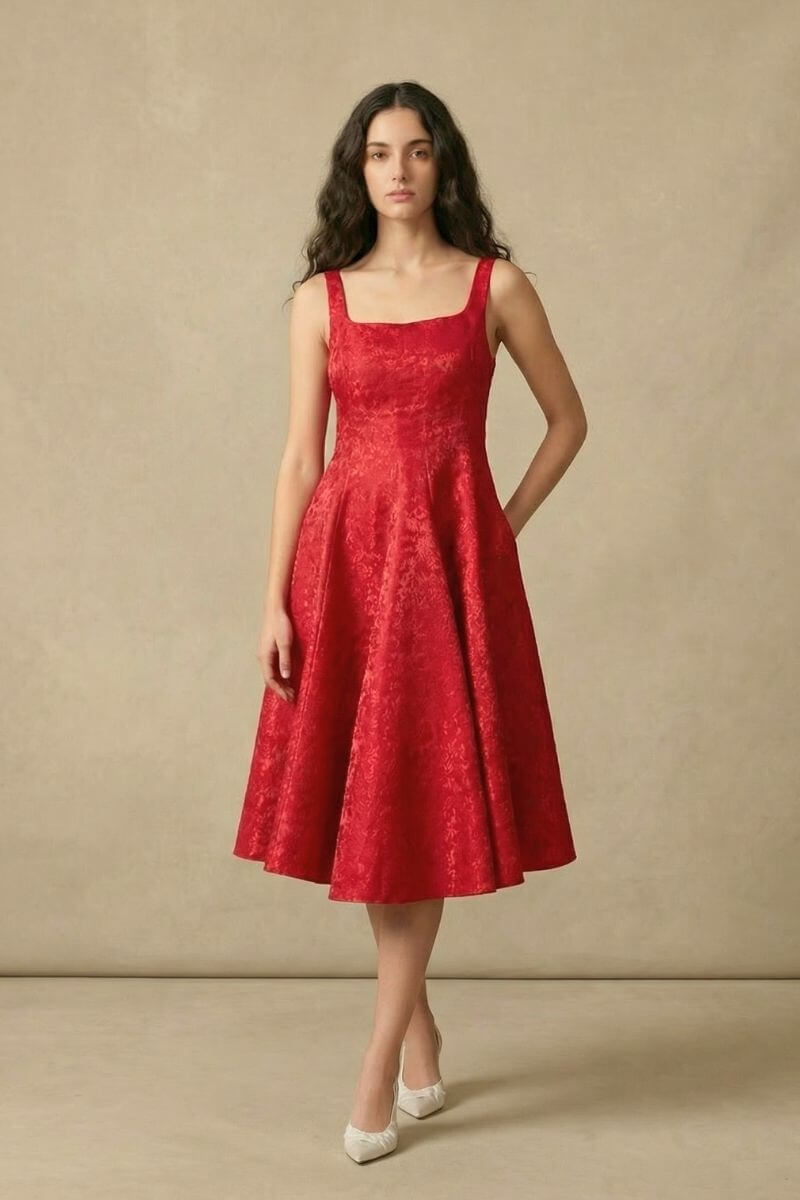 A woman wearing a red jacquard fit-and-flare midi dress with wide straps and a square neckline, standing in a studio with neutral background.