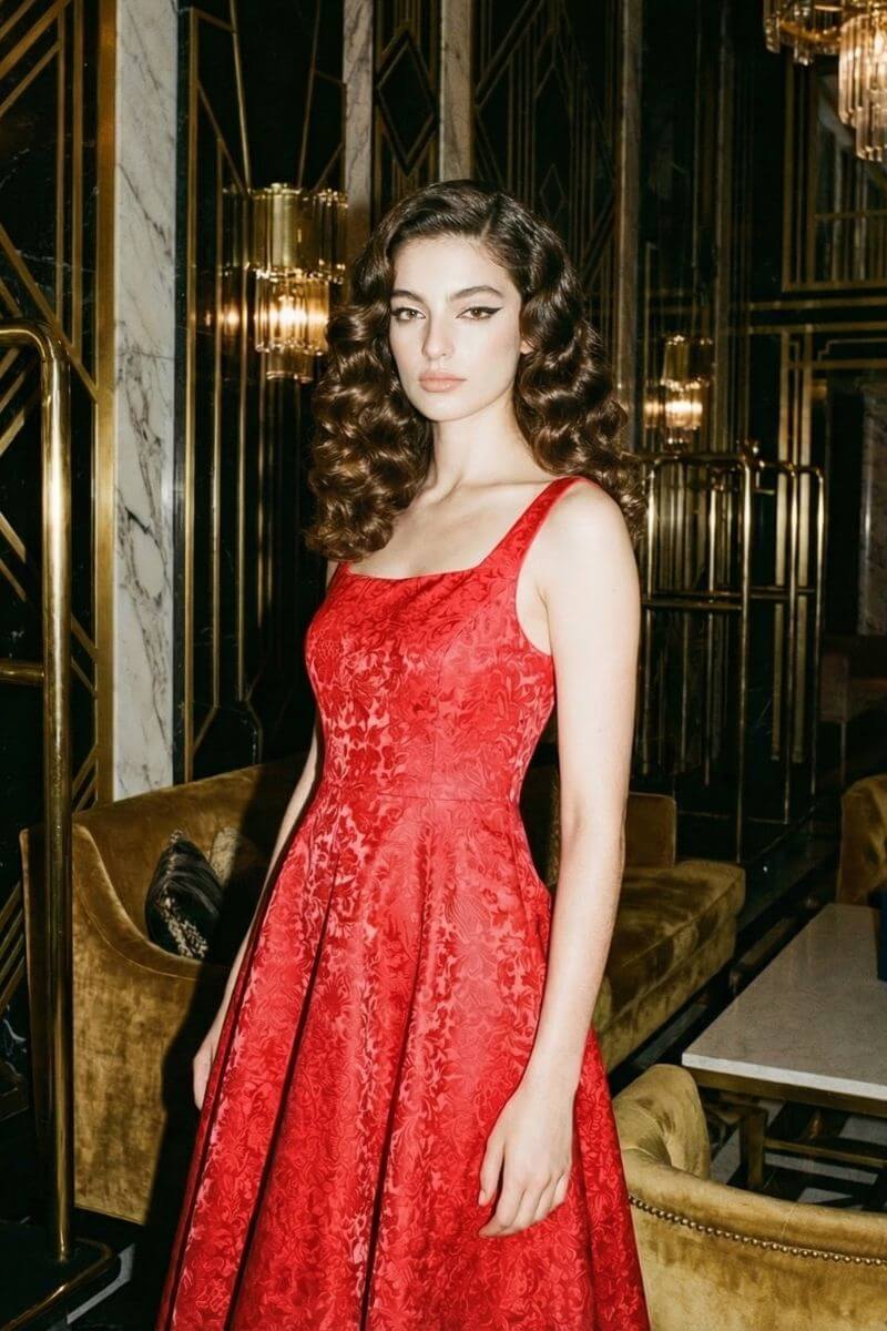 Crimson Jacquard Square-Neck Midi Dress XS Crimson Jacquard Square-Neck Midi Dress XS