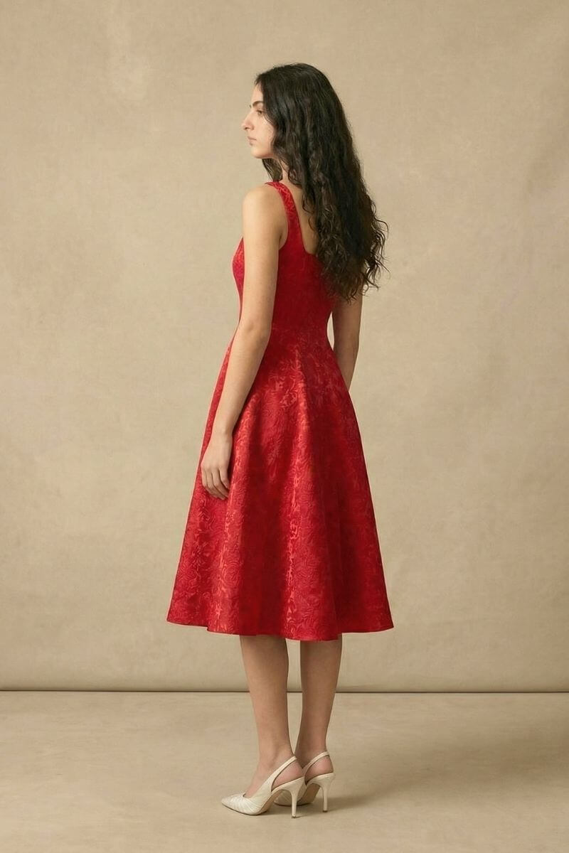 red jacquard dress Crimson Jacquard Square-Neck Midi Dress XS