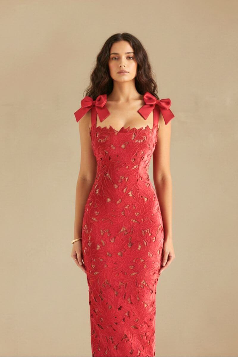 Rosette Bow Shoulder Lace Gown L / Red Rosette Bow Shoulder Lace Gown L / Red