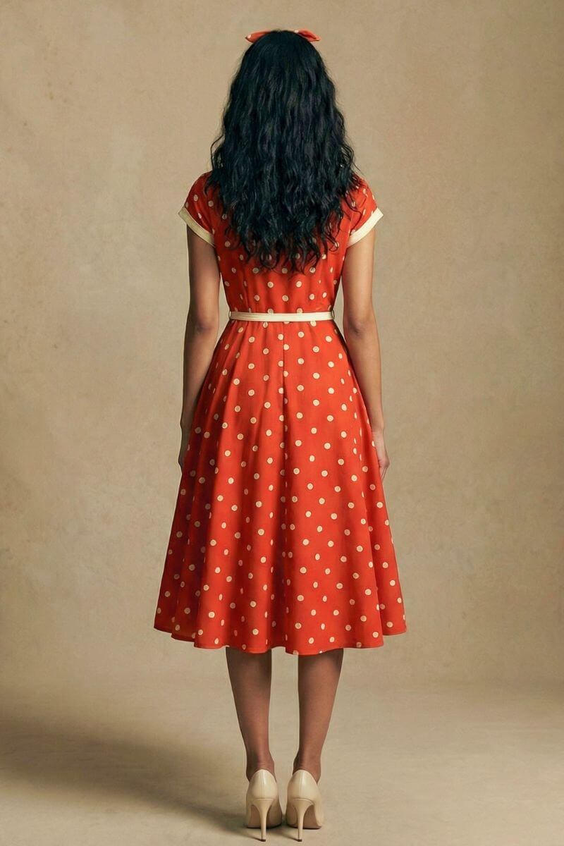 Model seen from the back wearing a red polka dot midi dress with a softly flared skirt, cream trim details, and a fitted waist, styled with neutral heels against a warm studio backdrop.