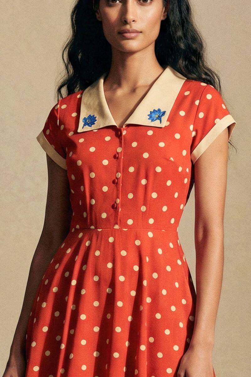 Close-up of the red polka dot midi dress featuring a cream contrast collar with delicate blue floral embroidery and a button-down front for a vintage-inspired finish.