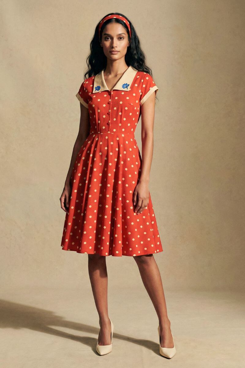 Model wearing a red polka dot midi dress with a cream contrast collar, short sleeves, and a softly flared skirt, styled with classic heels in a refined studio setting.