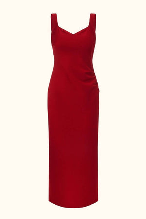 Front view of a red sleeveless fitted maxi dress with a draped waist detail, displayed against a neutral background.