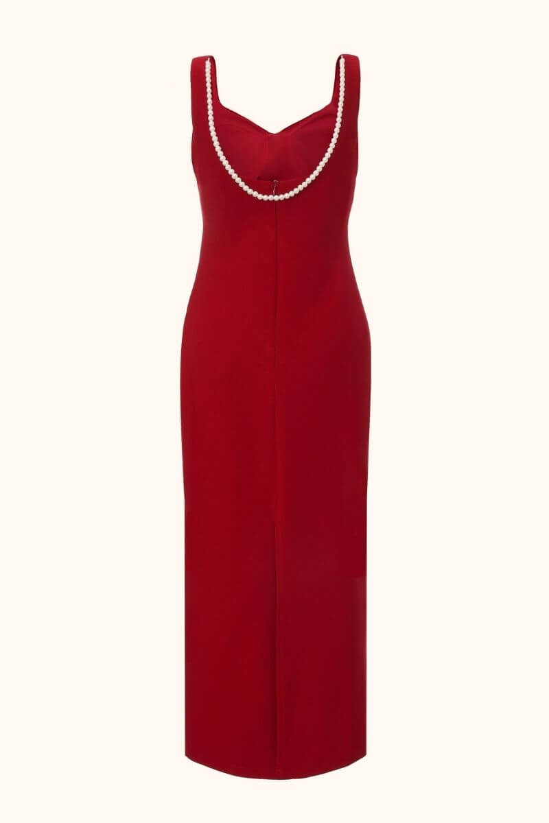Back view of a red sleeveless maxi dress featuring a pearl-trimmed deep scoop neckline, shown on a plain backdrop.