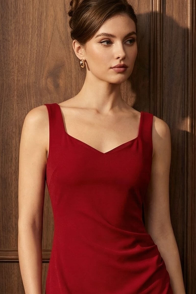 Upper body close-up showing the sweetheart neckline and wide-strap design of a red velvet midi dress, model posing against a wooden panel backdrop.