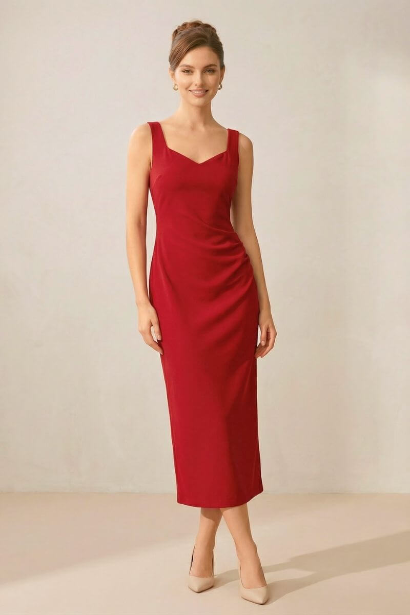 Model wearing a red velvet fitted midi dress with wide straps, sweetheart neckline and draped waist detail, standing against a soft neutral background.