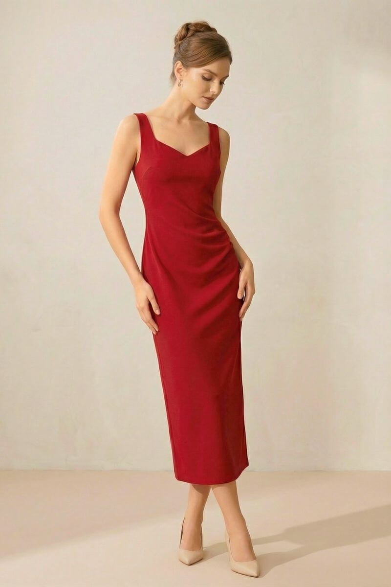 Model wearing a red velvet sleeveless midi dress with a soft sweetheart neckline, fitted waist and straight skirt, posing in a minimal beige studio background.