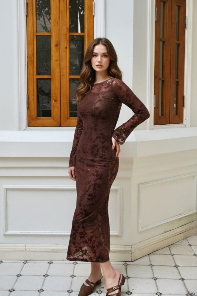 chocolate brown velvet dress Mocha Burnout Bodycon Maxi L This velvet dress is Dark Brown Medallion Cap-Toe Collection:Crinkle Collective - White JR 253 Dresses/Jumpsuits