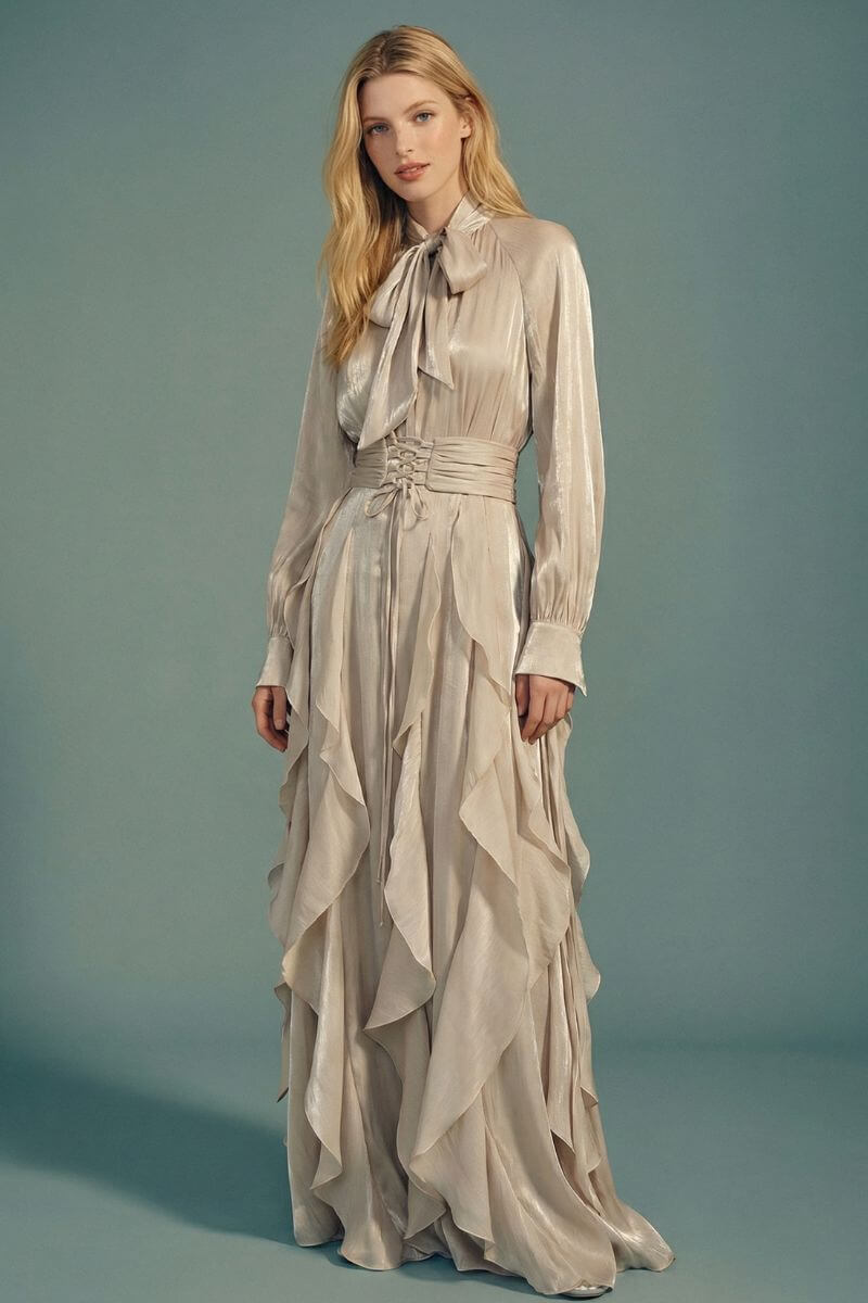 A front view of a silver satin maxi dress featuring a bow-tie neckline, long sleeves, layered ruffle skirt, and softly structured waist for an elegant evening silhouette.