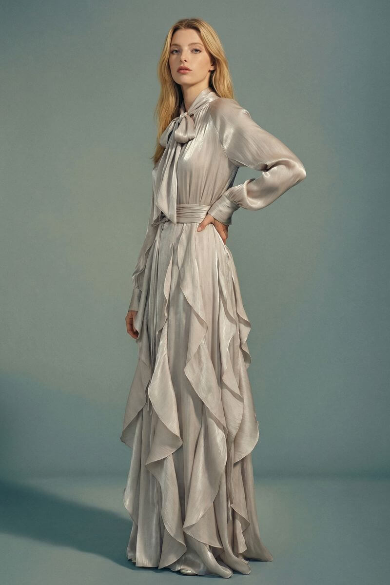A model wears a silver satin maxi dress with a soft bow neckline, long sleeves, cascading ruffles, and a cinched waist, standing in a minimalist studio setting with fluid movement.