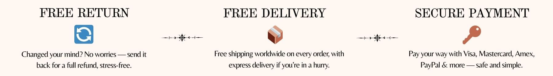 Minimal beige mobile banner featuring Sioéne’s shopping guarantees: “Free Return,” “Free Delivery,” and “Secure Payment,” with simple icons for refund, shipping, and security, designed for mobile homepage display.