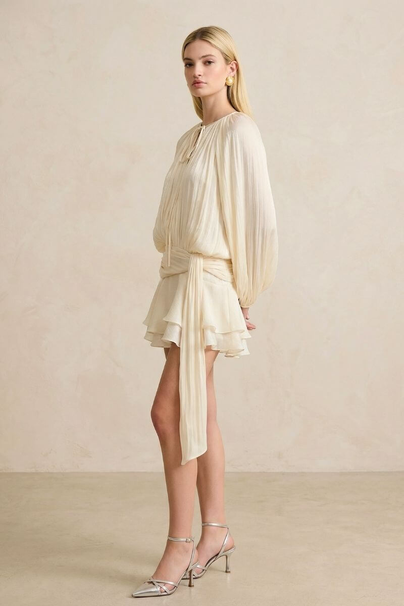 A model wearing a soft pearl pleated chiffon mini dress set shown from the side, highlighting the airy drape, balloon sleeves, wrap waist tie, and layered ruffle hem.