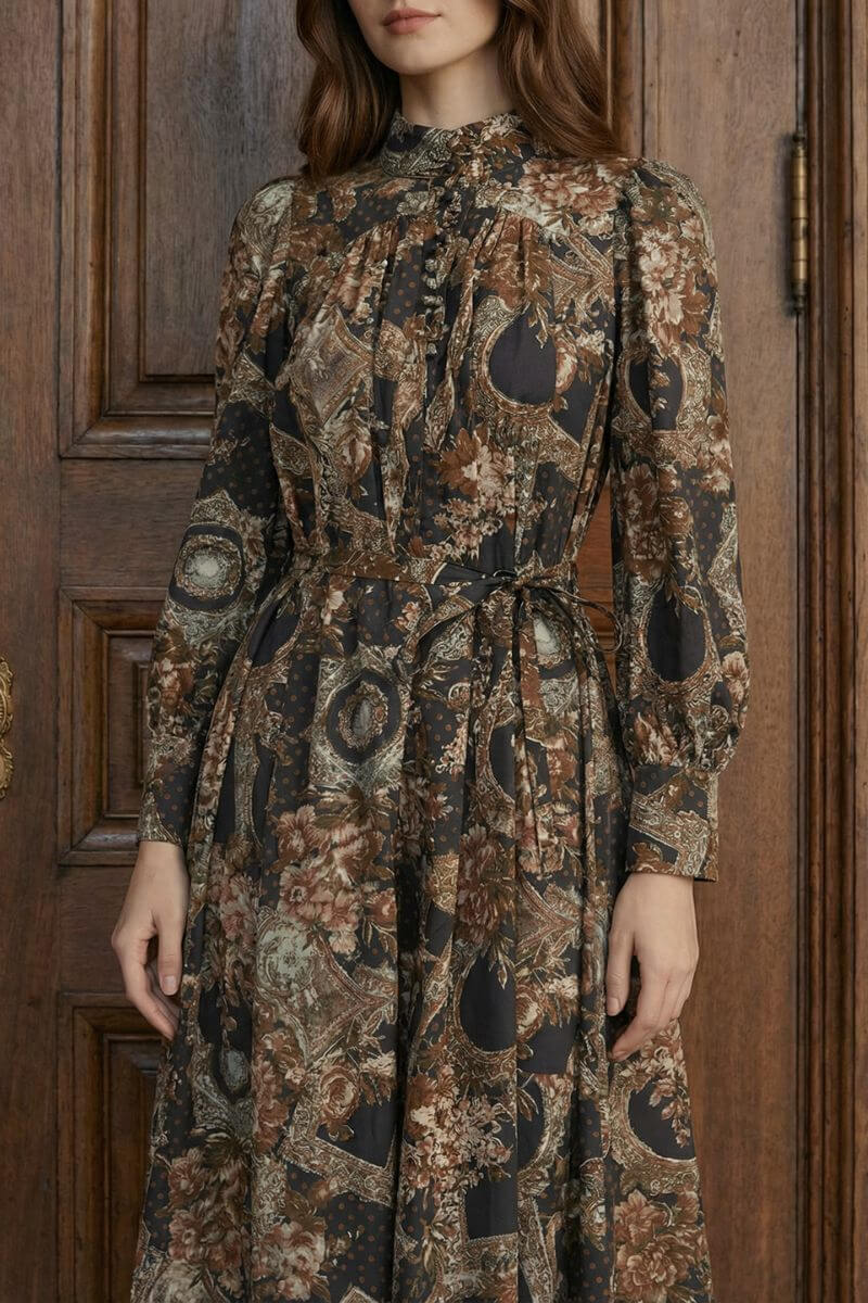 A close-up shows a long-sleeve vintage floral midi dress with a softly pleated bodice, tie waist detail, and muted earthy tones against a wooden backdrop.