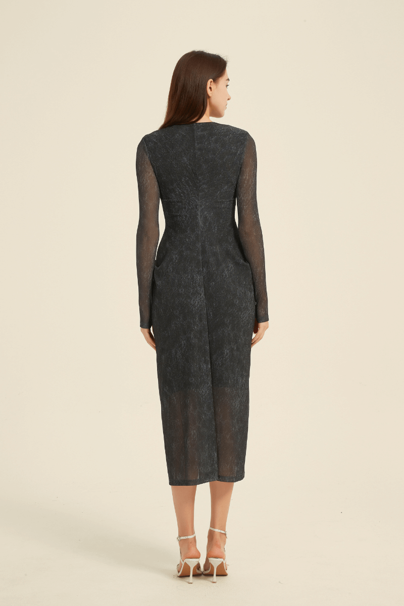 Back view of black sheer long sleeve midi dress featuring a fitted silhouette, pleated detail, and semi-transparent textured fabric.
