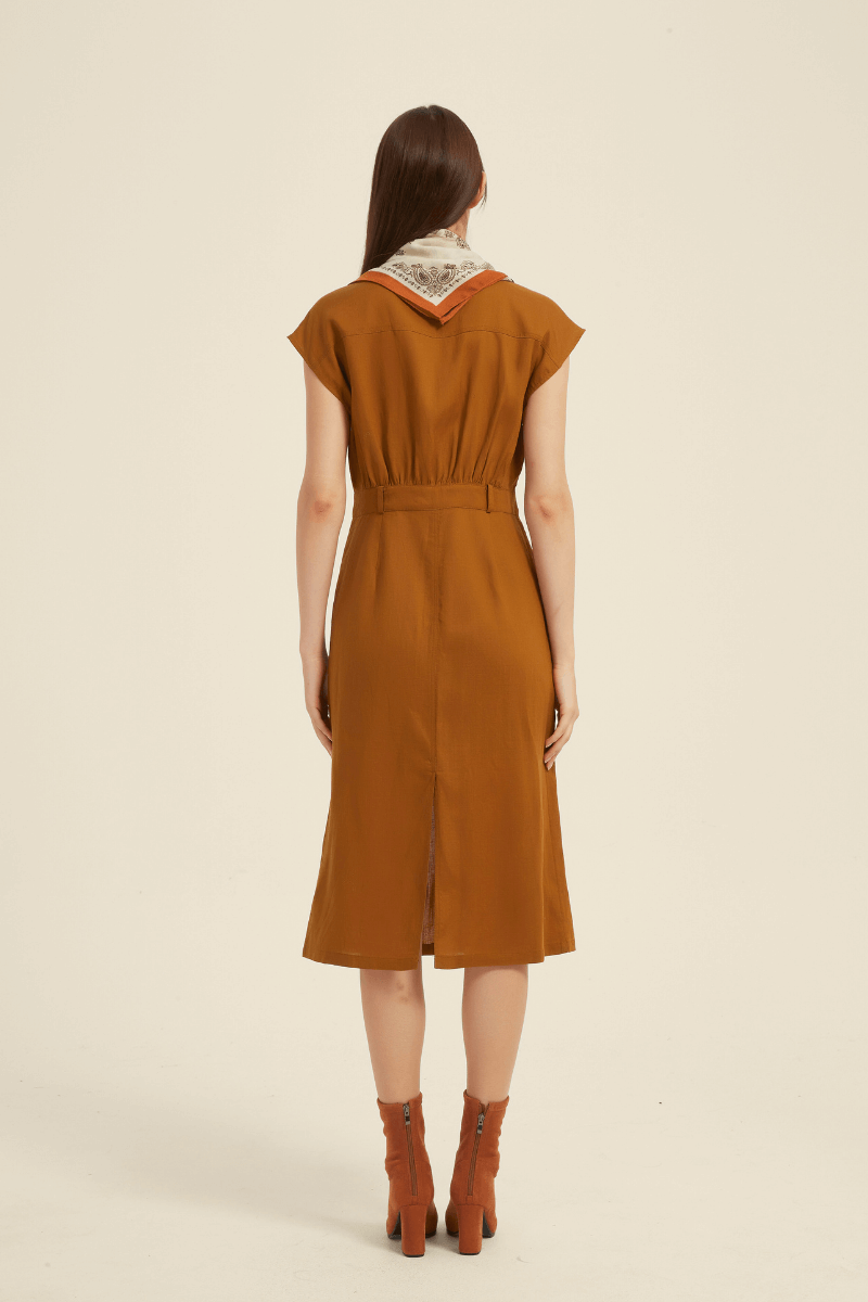 Back view of a rust cap sleeve midi shirt dress with an elastic waist, center back vent, and a printed scarf draped over the shoulders.