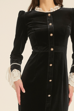 Close-up of black velvet dress bodice with gold pearl buttons and lace-trim cuff accents.