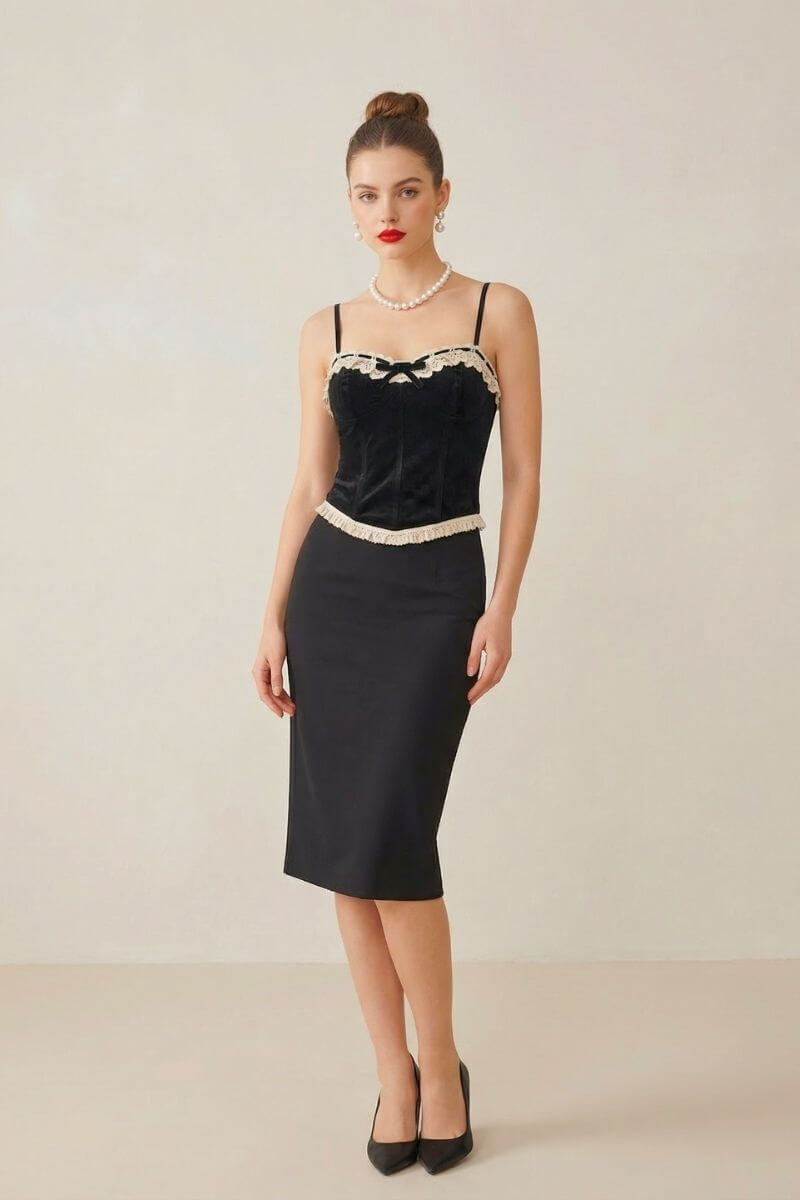 Full-body view of a model in a black velvet lace-trim corset paired with a black pencil skirt and classic heels in a neutral-toned studio.