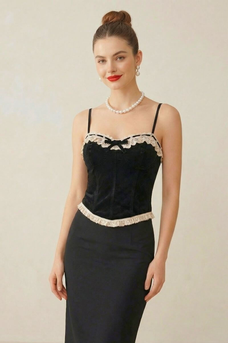Close-up view of a model in a black velvet lace corset top with cream lace details, styled with pearl jewelry and red lipstick.