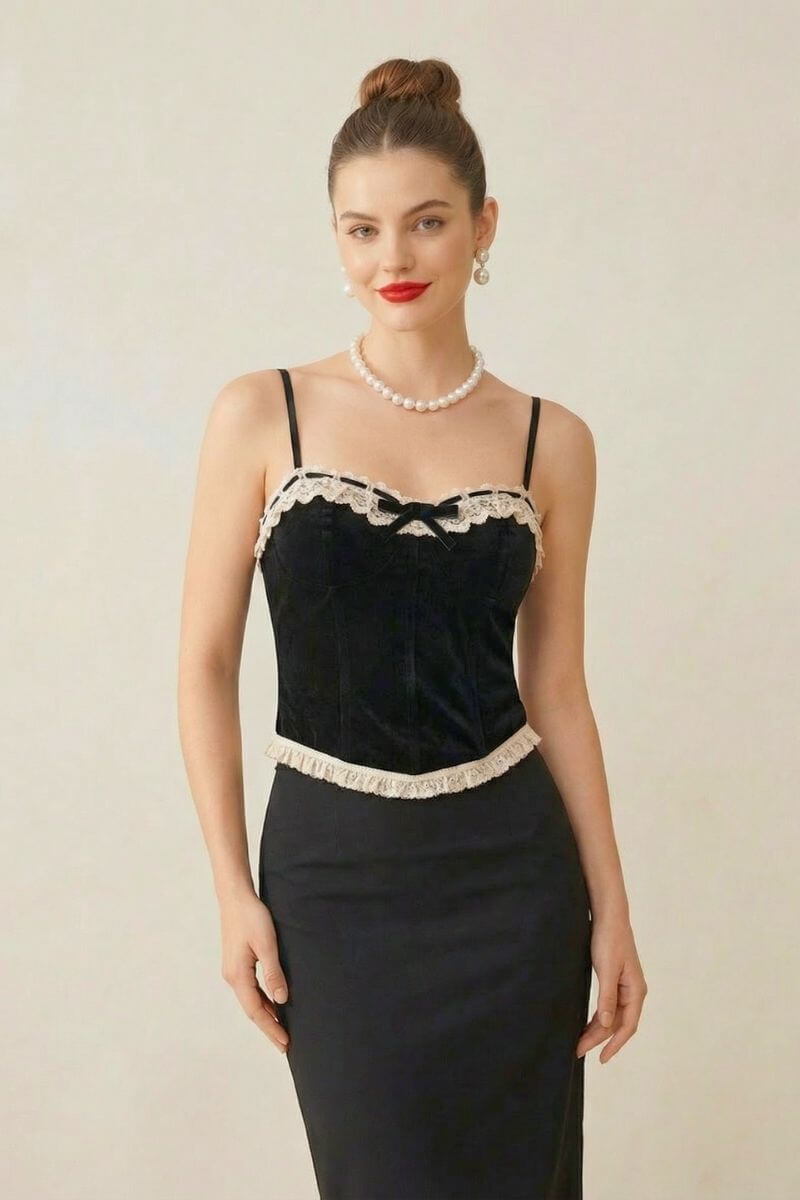 Model wearing a black velvet corset top with cream lace trim and thin straps, styled with pearls and red lipstick in a studio setting.