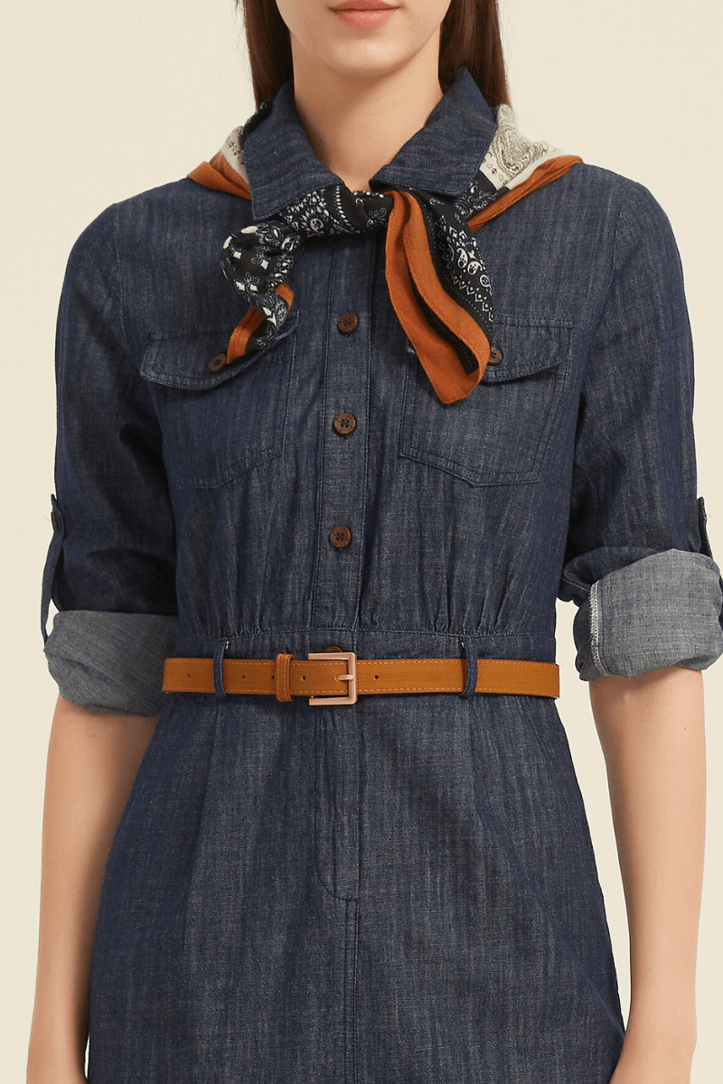 Close-up of a denim midi shirt dress with button-down front, chest flap pockets, rolled sleeves, a slim brown belt, and a printed scarf tied at the collar.