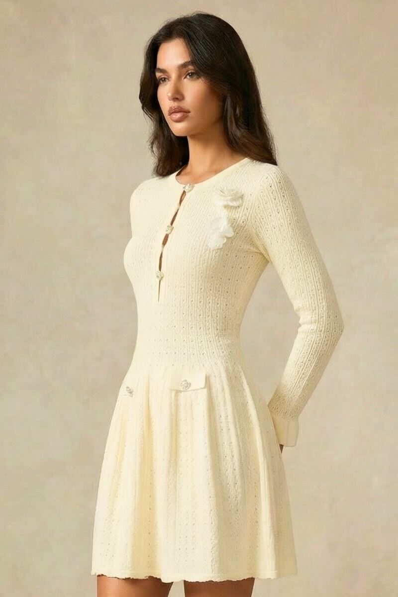 Side profile of an ivory knit mini dress featuring front button detailing and shoulder floral appliqués against a neutral studio backdrop.
