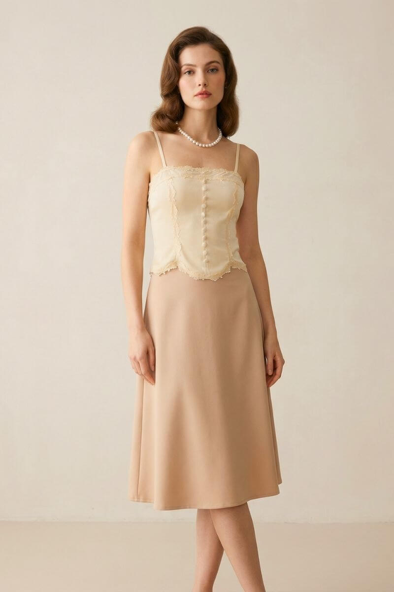 Full-body view of a model in an ivory lace corset top and flowy beige midi skirt, standing gracefully in a neutral-toned studio.