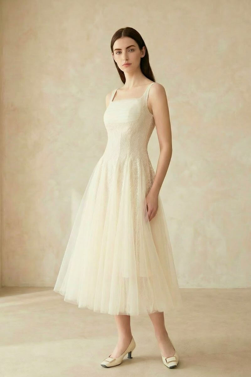 A side-angled view of an ivory lace tulle midi dress featuring a fitted bodice and layered tulle skirt on a neutral background.