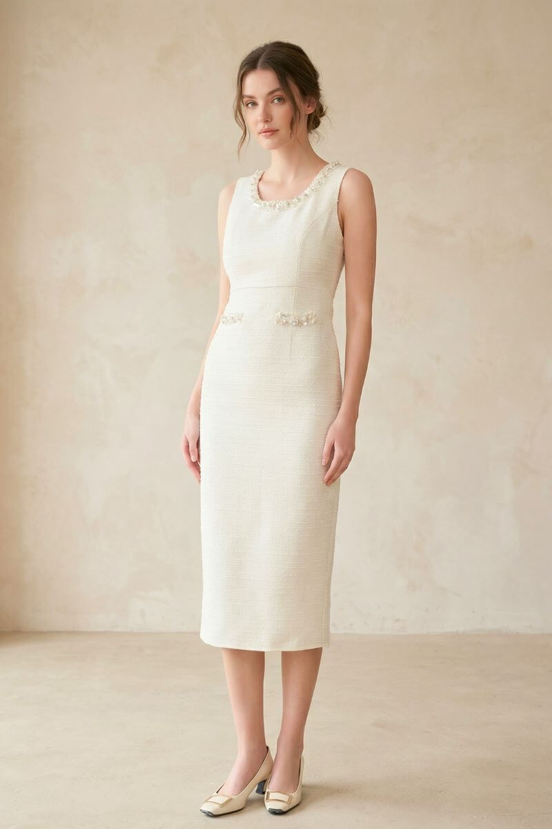Champagne Tweed Elegance Midi Dress L Champagne Tweed Elegance Midi Dress L