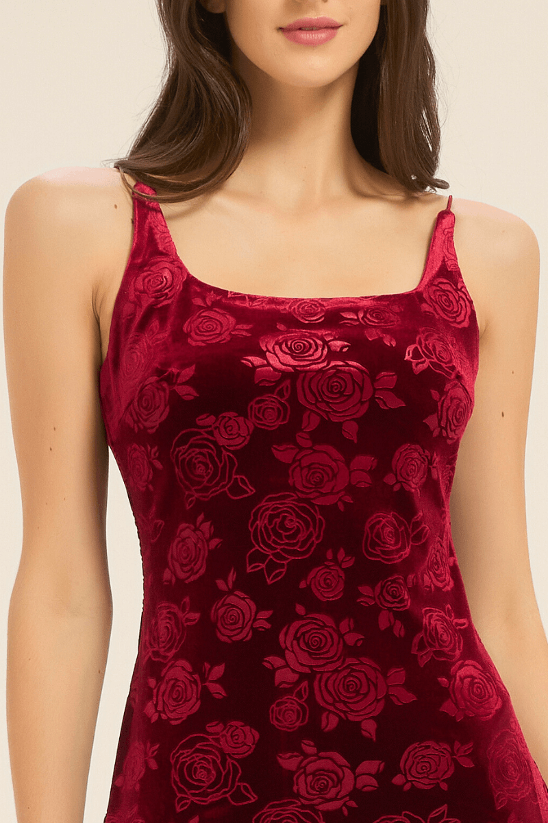 Close-up of red velvet fabric with embossed rose details on slip dress.